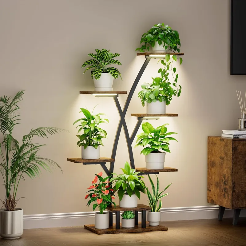 BACEKOLL ▫️ Suporte para plantas de interior com luzes de crescimento, prateleira de 7 níveis para plantas de interior, suporte para plantas de 105 cm para várias plantas, suporte metálico para flores