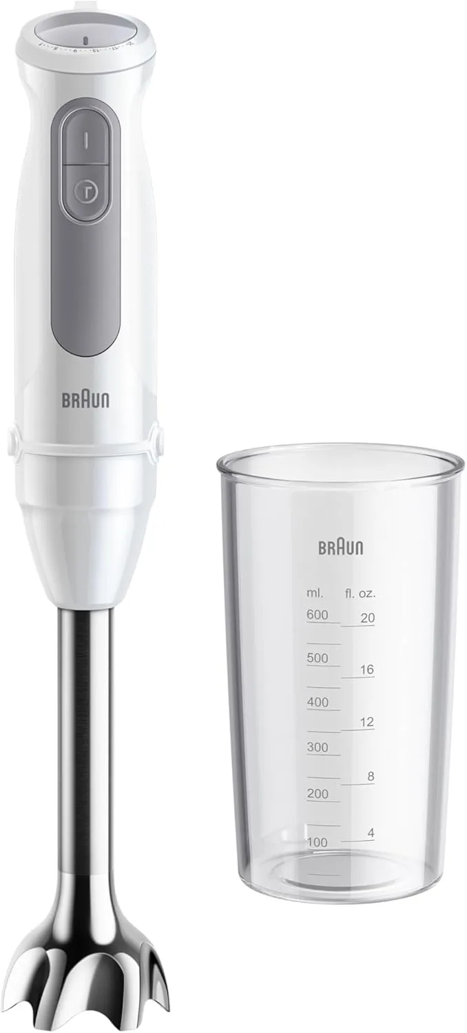 Braun ▫️ MultiQuick 5 MQ 50001 M, Batedeira de mão com tecnologia PowerBell Plus, Minipimer com 21 velocidades + Turbo, sistema Easy Click Plus, batedeira ergonómica, eixo em aço, copo de 600 ml, 1000 W, branco