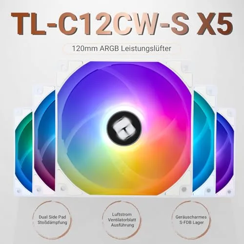 Thermalright ▫️ Ventilador de CPU TL-C12CW-S X5 de 120 mm ARGB, ventilador silencioso de refrigeração para caixa com PWM e rolamentos S-FDB, velocidade de rotação até 1550 rpm, ventilador para PC, embalagem de 2