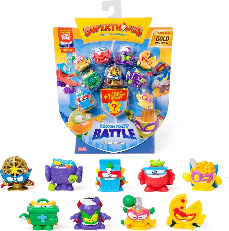 SUPERTHINGS RIVALS OF KABOOM ▫️ SUPERTHINGS KAZOOM Power Battle – Embalagem de 10. Contém 10 SuperThings (inclui 1 figura surpresa e 1 capitão dourado). Embalagem 1 de 2