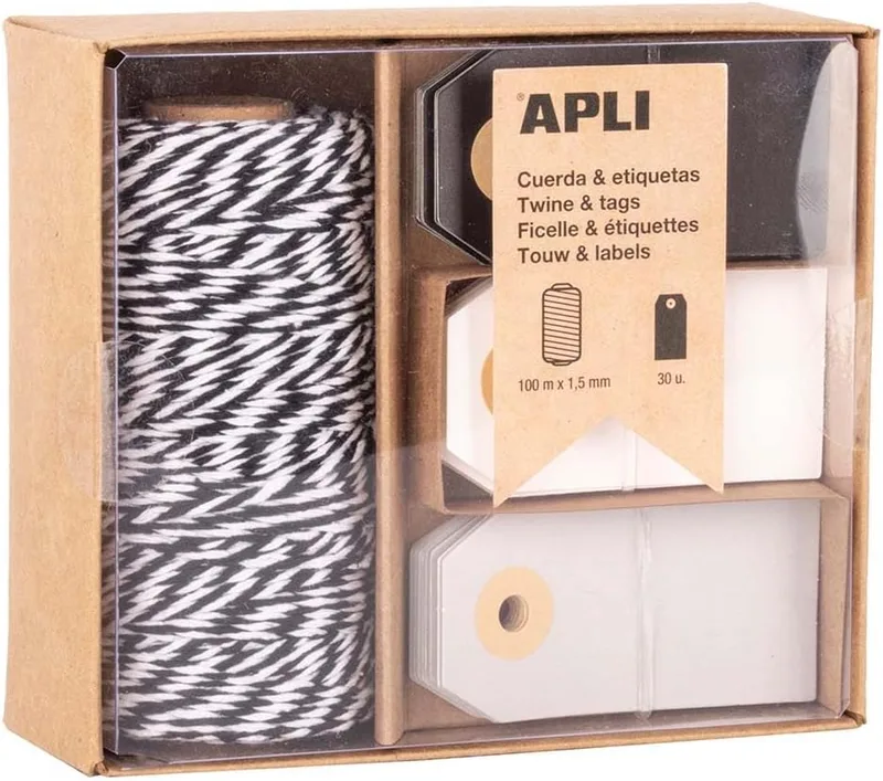 APLI ▫️ 19844 - Caixa de oferta: corda preta e branca com etiquetas em 3 cores sortidas, conjunto de bobinas de algodão com 30 etiquetas para pendurar
