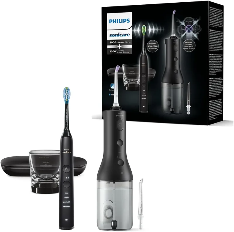 Philips ▫️ Escova de dentes eléctrica DiamondClean 9000 e irrigador oral sem fios Sonicare Power Flosser - Remoção de dentes, gengivas e placa bacteriana - Preto (Modelo HX3886/43)