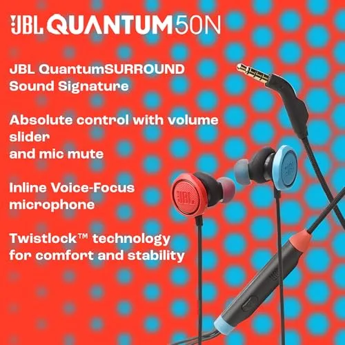 JBL ▫️ Quantum 50N, auscultadores intra-auriculares com fio para jogos, USB-C, QuantumSURROUND, microfone, botões para ajustar o volume e silenciar o microfone, compatibilidade multiplataforma, azul e vermelho 2