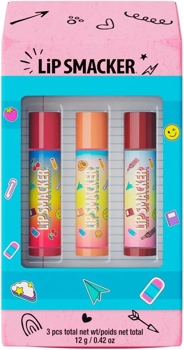 Lip Smacker ▫️ coleção de regresso às aulas, trio de bálsamos labiais Eraser Box, conjunto de 3 bálsamos labiais para raparigas e rapazes, conjunto de prendas temáticas de regresso às aulas numa caixa Eraser