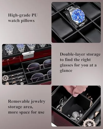 ANWBROAD ▫️ Caixa para relógios com 12 compartimentos, porta-joias para homem com tampa de vidro 4