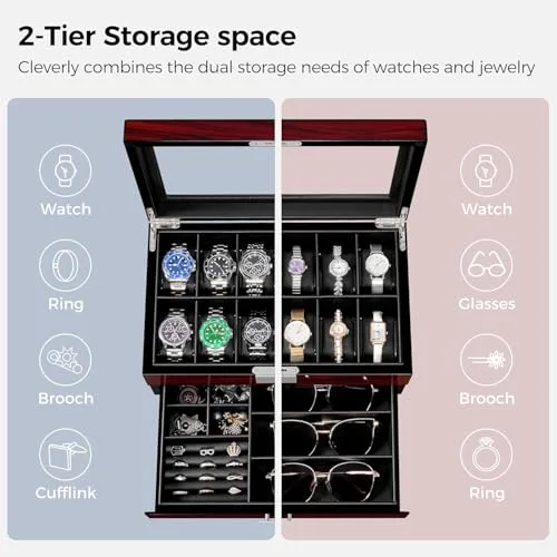 ANWBROAD ▫️ Caixa para relógios com 12 compartimentos, porta-joias para homem com tampa de vidro 5