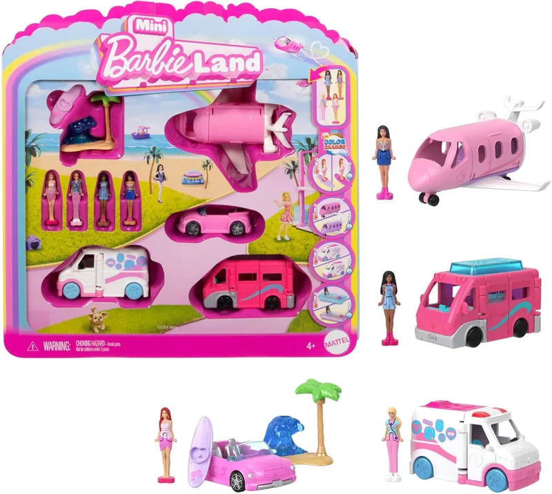 Barbie ▫️ Mini BarbieLand Conjunto de 4 bonecas e veículos, inclui 4 bonecas de 3,81 cm e 4 veículos de brincar emblemáticos com a surpresa de mudança de cor, JGL30