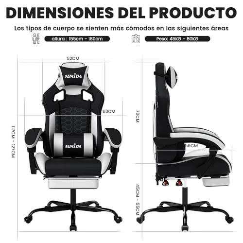SUKIDA ▫️ Cadeira ergonómica para videojogos e de escritório, em pele sintética, com apoio para a cabeça, ergonómica, com apoio lombar, até 150 kg 3
