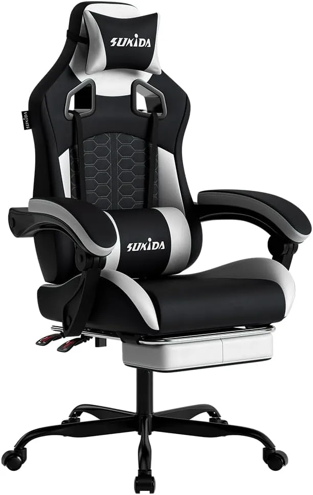 SUKIDA ▫️ Cadeira ergonómica para videojogos e de escritório, em couro sintético, com apoio para a cabeça, ergonómica, com apoio lombar, até 150 kg