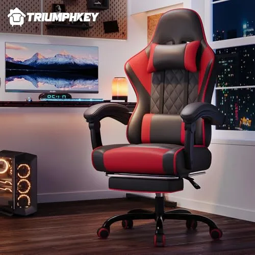 TRIUMPHKEY ▫️ Cadeira de Gaming Profissional com Massajador, Cadeira de Gaming em PU com Apoio para a Cabeça e Apoio para os Pés, Cadeira de Escritório Ergonómica com Massagem Lombar, Reclinável de 90 a 150° e Capacidade de 150 kg, Vermelha-Preta 2