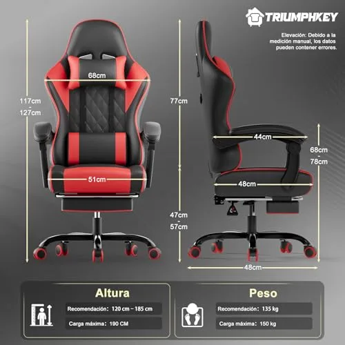 TRIUMPHKEY ▫️ Cadeira de Gaming Profissional com Massajador, Cadeira de Gaming em PU com Apoio para a Cabeça e Apoio para os Pés, Cadeira de Escritório Ergonómica com Massagem Lombar, Reclinável de 90 a 150° e Capacidade de 150 kg, Vermelha-Preta 3