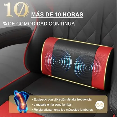 TRIUMPHKEY ▫️ Cadeira de Gaming Profissional com Massajador, Cadeira de Gaming em PU com Apoio para a Cabeça e Apoio para os Pés, Cadeira de Escritório Ergonómica com Massagem Lombar, Reclinável de 90 a 150° e Capacidade de 150 kg, Vermelha-Preta 4