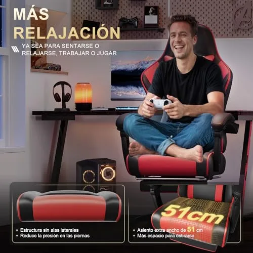 TRIUMPHKEY ▫️ Cadeira de Gaming Profissional com Massajador, Cadeira de Gaming em PU com Apoio para a Cabeça e Apoio para os Pés, Cadeira de Escritório Ergonómica com Massagem Lombar, Reclinável de 90 a 150° e Capacidade de 150 kg, Vermelha-Preta 6