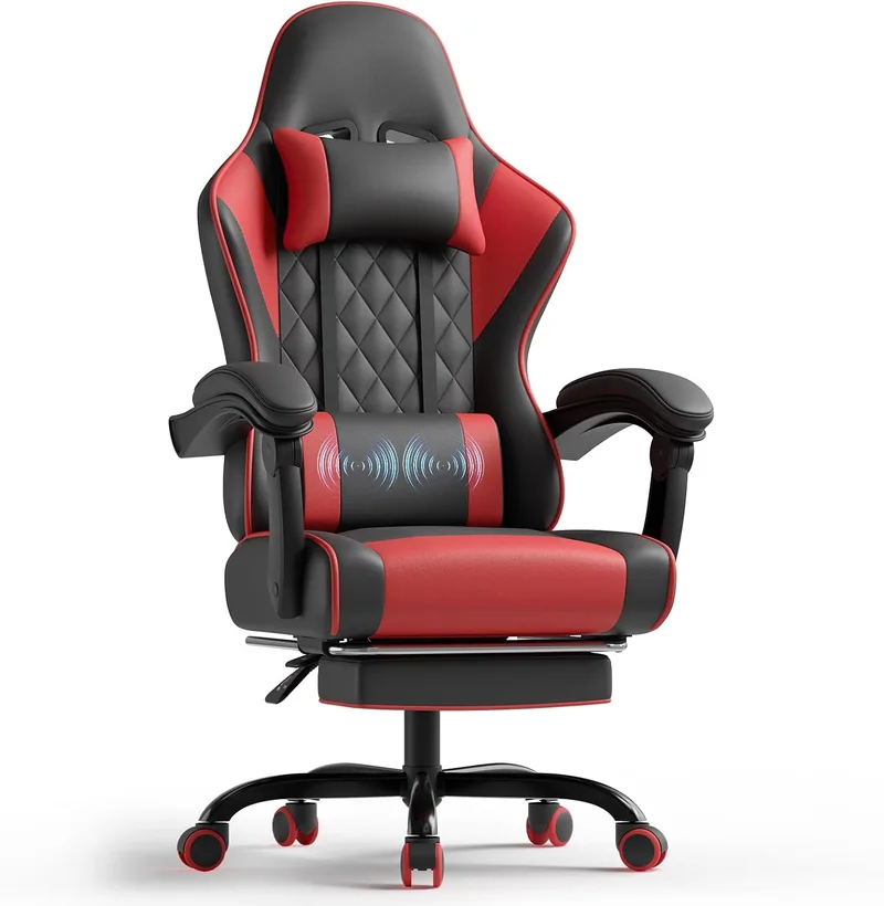TRIUMPHKEY ▫️ Cadeira de Gaming Profissional com Massajador, Cadeira de Gaming em PU com Apoio para a Cabeça e Apoio para os Pés, Cadeira de Escritório Ergonómica com Massagem Lombar, Reclinável de 90 a 150° e Capacidade de 150 kg, Vermelha-Preta