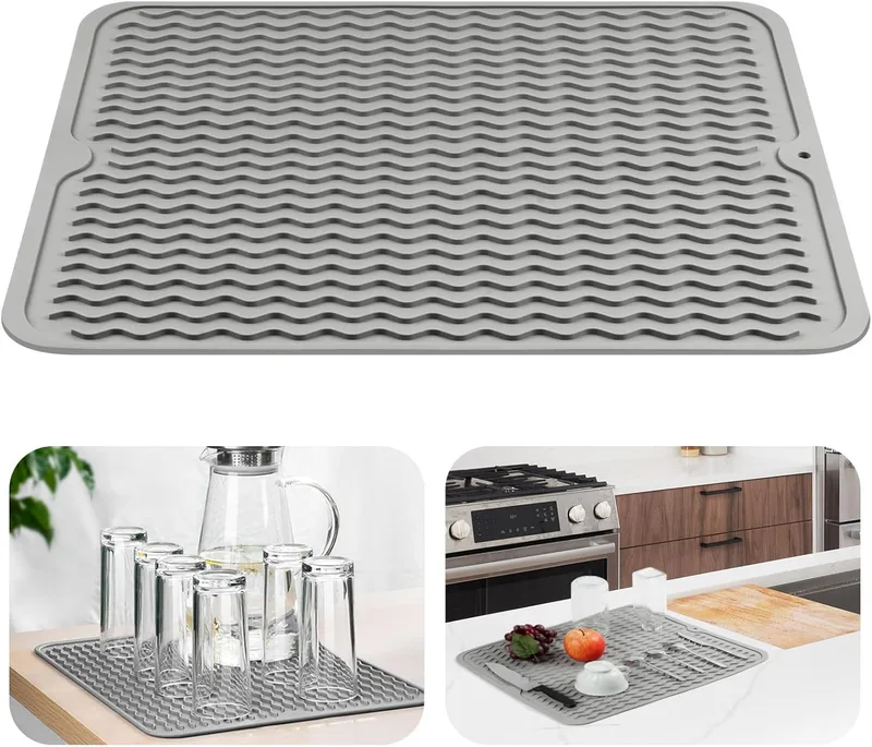 OSDUE ▫️ Tapete escorredor de pratos de silicone tapete escorredor de pratos dobrável de 50 x 40 cm, tapete de lavagem de pratos antiderrapante e resistente a altas temperaturas para máquinas de café, cinzento