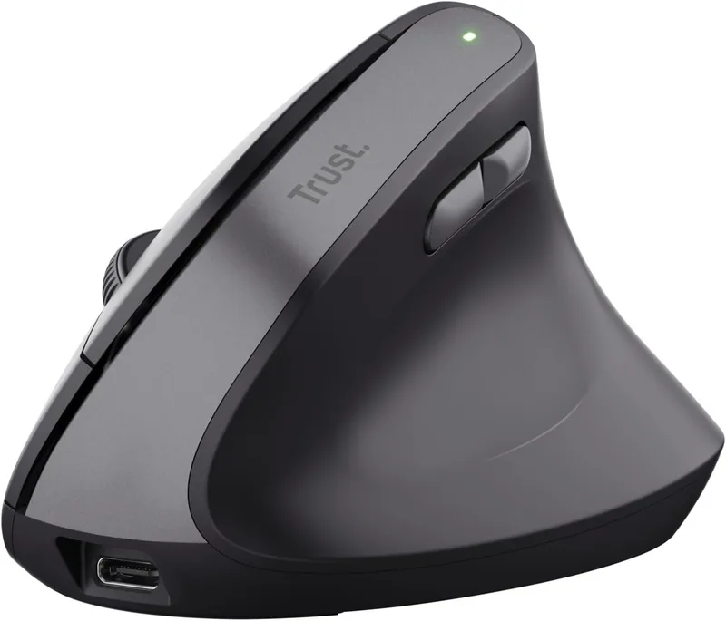 Trust ▫️ Rato Vertical Sem Fios Yuno, Rato Ergonómico Recarregável de 2,4 GHz, Reduz a Tensão nos Braços e nos Pulso, 800-2400 dpi, 70% de Plástico Reciclado, PC Portátil e Mac - Preto