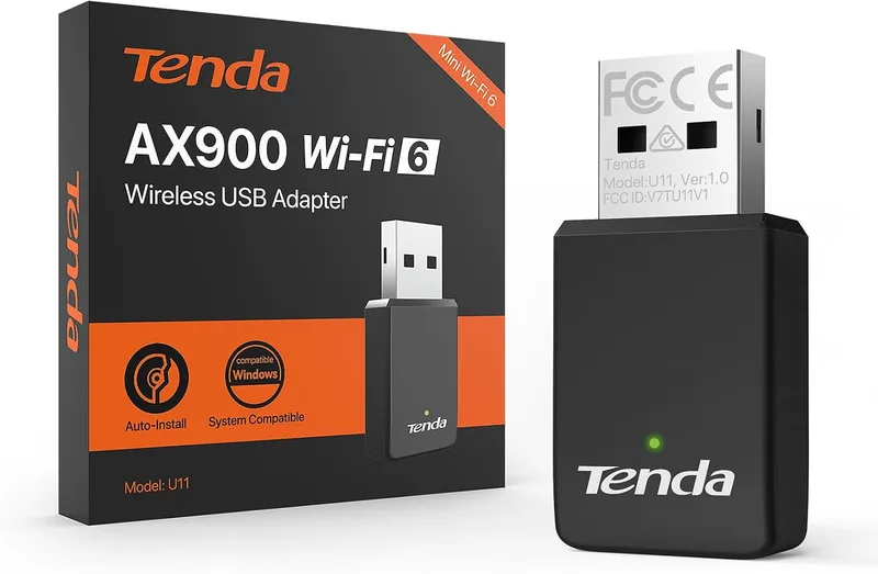 Tenda ▫️ AX900 U11 – Adaptador Wi-Fi USB para PC, Wi-Fi 6 USB de banda dupla (5 GHz e 2,4 GHz), adaptador Wi-Fi para PC compatível com Windows 11/10/7, Soft-Ap, WPA2