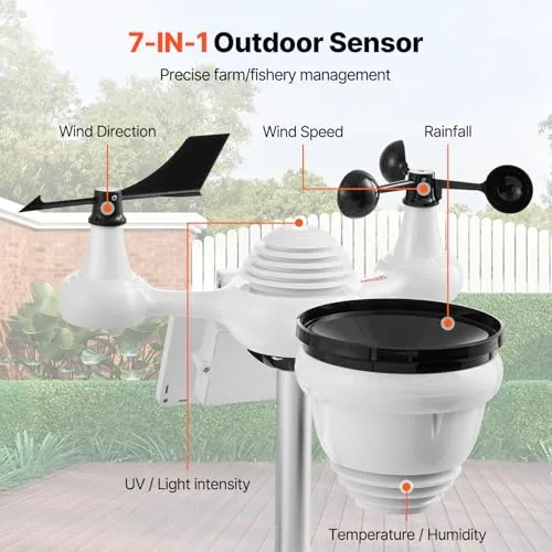 VEVOR ▫️ Estação Meteorológica Sem Fios 7 em 1 com Wi-Fi, ecrã TFT a cores de 7", sensor exterior alimentado a energia solar, monitorização da temperatura, humidade, velocidade/direção do vento e precipitação 2