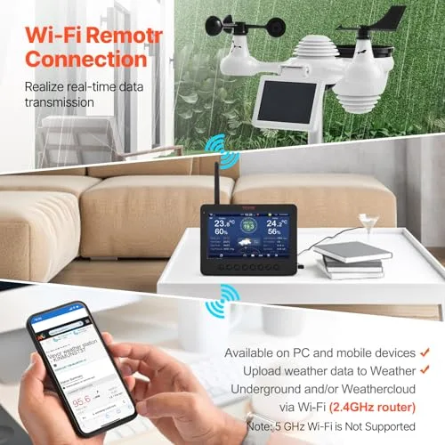 VEVOR ▫️ Estação Meteorológica Sem Fios 7 em 1 com Wi-Fi, ecrã TFT a cores de 7", sensor exterior alimentado a energia solar, monitorização da temperatura, humidade, velocidade/direção do vento e precipitação 3
