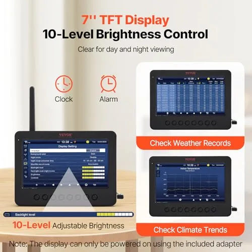 VEVOR ▫️ Estação Meteorológica Sem Fios 7 em 1 com Wi-Fi, ecrã TFT a cores de 7", sensor exterior alimentado a energia solar, monitorização da temperatura, humidade, velocidade/direção do vento e precipitação 6