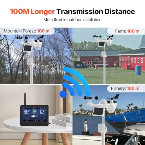 VEVOR ▫️ Estação Meteorológica Sem Fios 7 em 1 com Wi-Fi, ecrã TFT a cores de 7", sensor exterior alimentado a energia solar, monitorização da temperatura, humidade, velocidade/direção do vento e precipitação 7