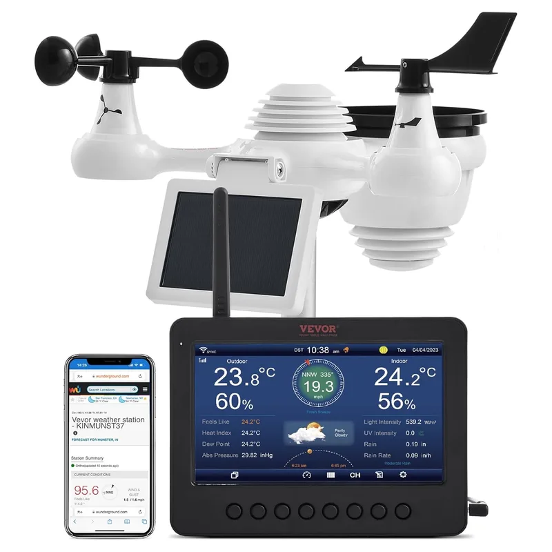 VEVOR ▫️ Estação Meteorológica Sem Fios 7 em 1 com Wi-Fi, ecrã TFT a cores de 7", sensor exterior alimentado a energia solar, monitorização da temperatura, humidade, velocidade/direção do vento e precipitação