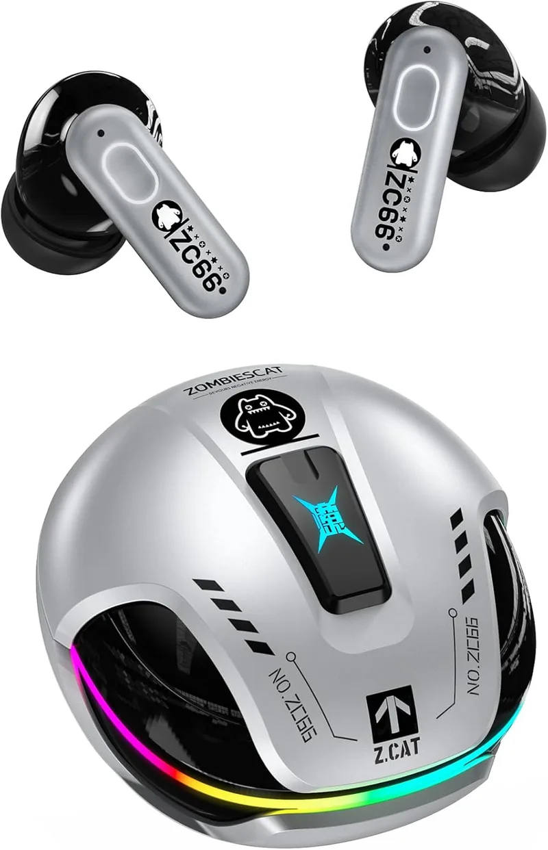 ZOMBIES CAT ▫️ Auscultadores sem fios Bluetooth, com cancelamento de ruído, graves profundos, Bluetooth 5.4, luz RGB, auscultadores desportivos para Android e iOS, B5 prateado