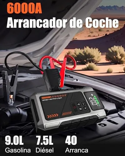 Eigotrav ▫️ Arrancador de baterias de automóvel com compressor de 150 PSI, 6000 A (para motores a gasolina de 9,0 L ou a gasóleo de 7,5 L), arrancador de bateria de 12 V com ecrã LCD, lanterna LED 2