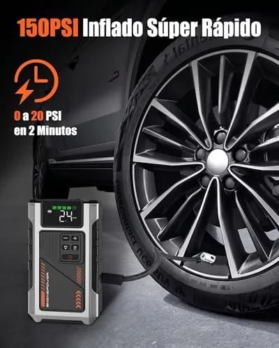 Eigotrav ▫️ Arrancador de baterias de automóvel com compressor de 150 PSI, 6000 A (para motores a gasolina de 9,0 L ou a gasóleo de 7,5 L), arrancador de bateria de 12 V com ecrã LCD, lanterna LED 3