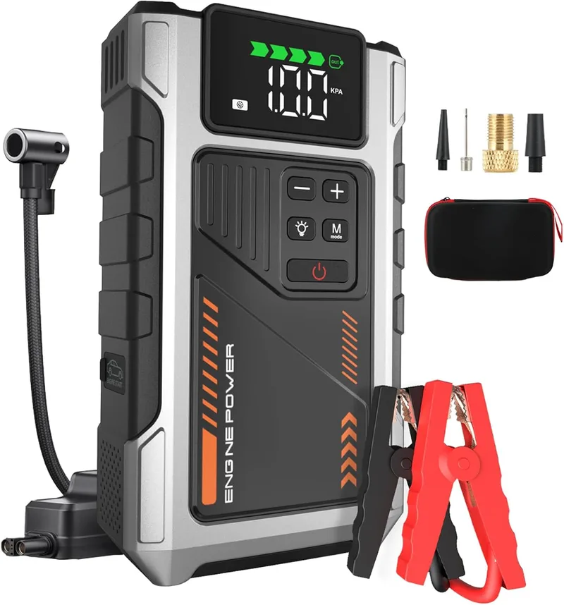 Eigotrav ▫️ Arrancador de baterias de automóvel com compressor de 150 PSI, 6000 A (para motores a gasolina de 9,0 L ou a gasóleo de 7,5 L), arrancador de bateria de 12 V com ecrã LCD, lanterna LED