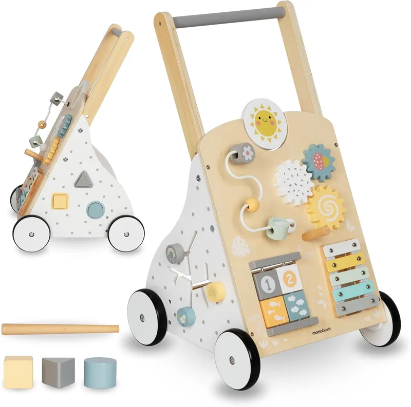 mamabrum ▫️ Andador para Bebés 8 em 1 em Madeira - Inclui Brinquedos Educativos, Painel de Atividades e Prateleira Espaçosa - Altura Ajustável de 58 a 66 cm - 4 Rodas Antiderrapantes