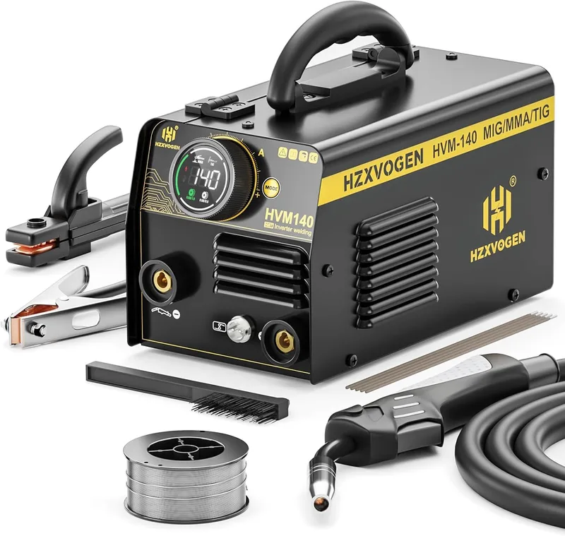 H HZXVOGEN ▫️ Soldador MIG 140 A 3 em 1 HVM140 | 230 V, Soldador de fio contínuo sem gás, MMA, Lift TIG, Controlo sinérgico, Inversor IGBT, Ecrã LED, Portátil