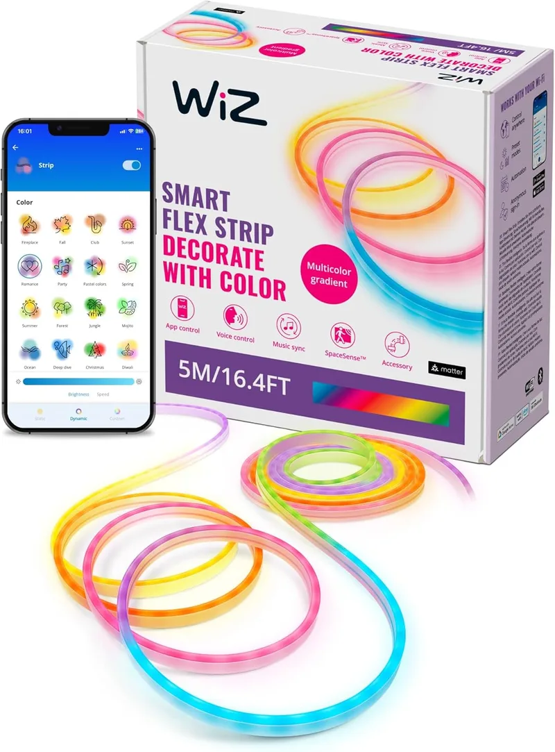 WiZ ▫️ Tira LED Inteligente Neon Flex 5 m - flexível, 16 milhões de cores (RGB), ligação via Wi-Fi, controlo por voz/aplicação, compatível com Google Home, Alexa e HomeKit, tecnologia Spacesense e Matter
