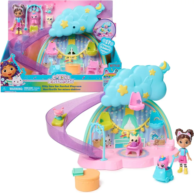 DREAMWORKS GABBY'S DOLLHOUSE ▫️ A Casa de Bonecas da Gabby - Conjunto de 17 peças «Gabby's Dollhouse Kitty Care Ear» - Cuidados com os gatinhos: 4 bonecas + mobiliário + acessórios - Brinquedos para meninas a partir dos 3 anos - Presente para meninas a partir dos 3 anos
