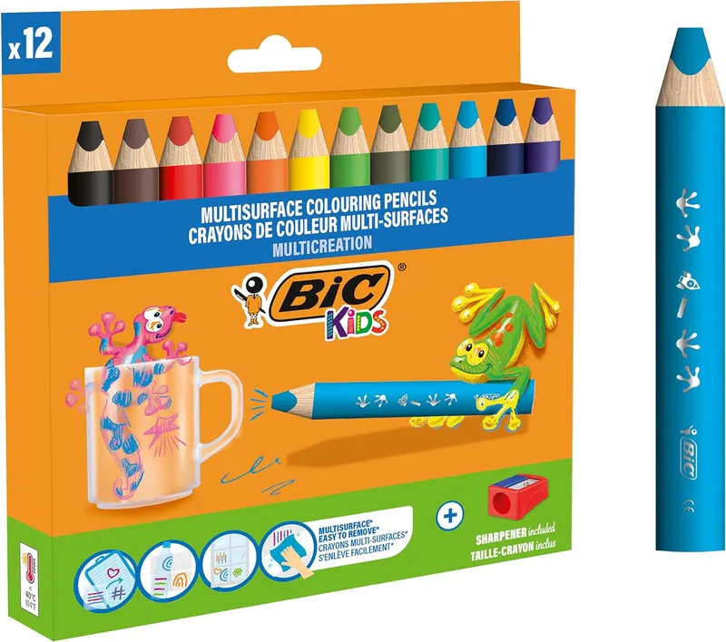 BIC ▫️ Lápis triangulares Kids para várias superfícies, para crianças – Cores variadas, fáceis de apagar, inclui afiador – Caixa de 12 unidades