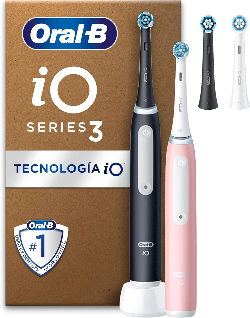 Oral-B ▫️ iO 3 Pack de 2 escovas de dentes eléctricas Preto e Rosa com 4 cabeças de escova, 3 modos de escovagem com branqueamento dos dentes e sensor de pressão, concebidas pela Braun