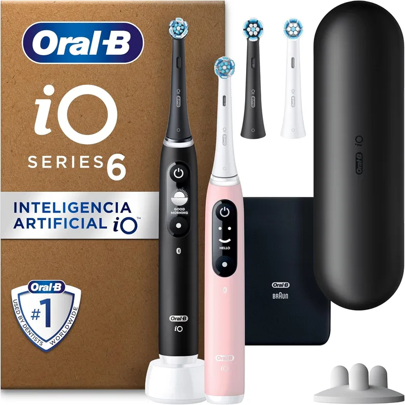 Oral-B ▫️ iO 6 Duo Escova de dentes eléctrica preta e rosa, 3 cabeças de escova, 1 estojo de viagem, Concebida pela Braun
