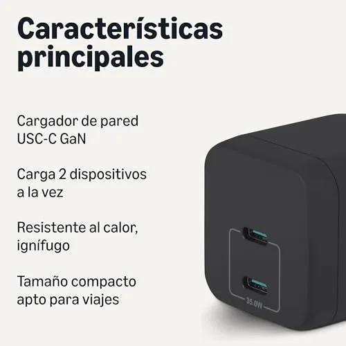 Amazon Basics ▫️ Carregador de parede USB-C Nano GaN de carregamento rápido, 35 W e 2 portas para tablets e telemóveis, preto 2