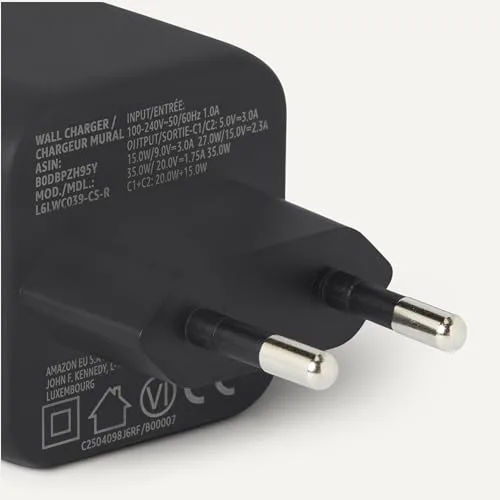 Amazon Basics ▫️ Carregador de parede USB-C Nano GaN de carregamento rápido, 35 W e 2 portas para tablets e telemóveis, preto 3