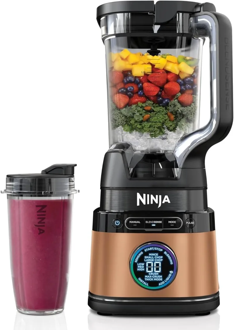 Ninja ▫️ Liquidificador Detect Power Pro 2 em 1 (1200 W), com jarro de 2 L (capacidade máxima de 1900 ml) e 2 chávenas, para batidos, cortar legumes e misturar bebidas congeladas, preto/cobre, TB301EUCP
