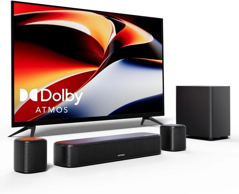 ULTIMEA ▫️ Barra de Som 5.1 com Dolby Atmos, Sistema de Som Surround, Sistema de Som de Cinema em Casa, Barra de Som para TV com Subwoofer, 2 Altifalantes Surround, HDMI eARC/ÓPT/AUX, Aura A50 Pro