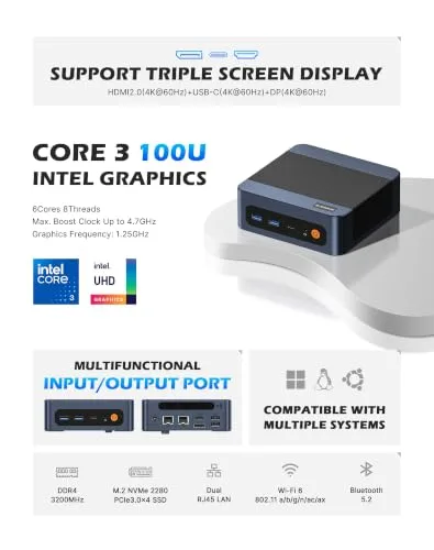 BOSGAME ▫️ Mini PC E7 100U com Intel Core i3, 16 GB de DDR4 e 512 GB PCIe 3.0 2