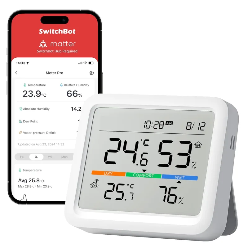 SwitchBot ▫️ Estação Meteorológica Bluetooth para Casa com Sensor Externo Sem Fios, Monitor de Temperatura/Humidade com Data e Previsão Meteorológica, Bluetooth de 120 m, Arquivo de Dados Gratuito com Exportação
