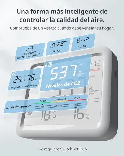 SwitchBot ▫️ Monitor de Qualidade do Ar Interior, Estação Meteorológica com Alarme de CO₂, Detetores de CO₂, Termómetro com Aplicação, Bluetooth, Histórico de Dados de 2 Anos, Requer Hub 2