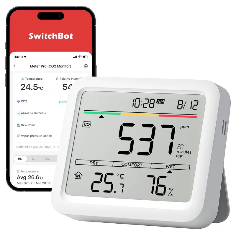 SwitchBot ▫️ Monitor de Qualidade do Ar Interior, Estação Meteorológica com Alarme de CO₂, Detetores de CO₂, Termómetro com Aplicação, Bluetooth, Histórico de Dados de 2 Anos, Requer Hub