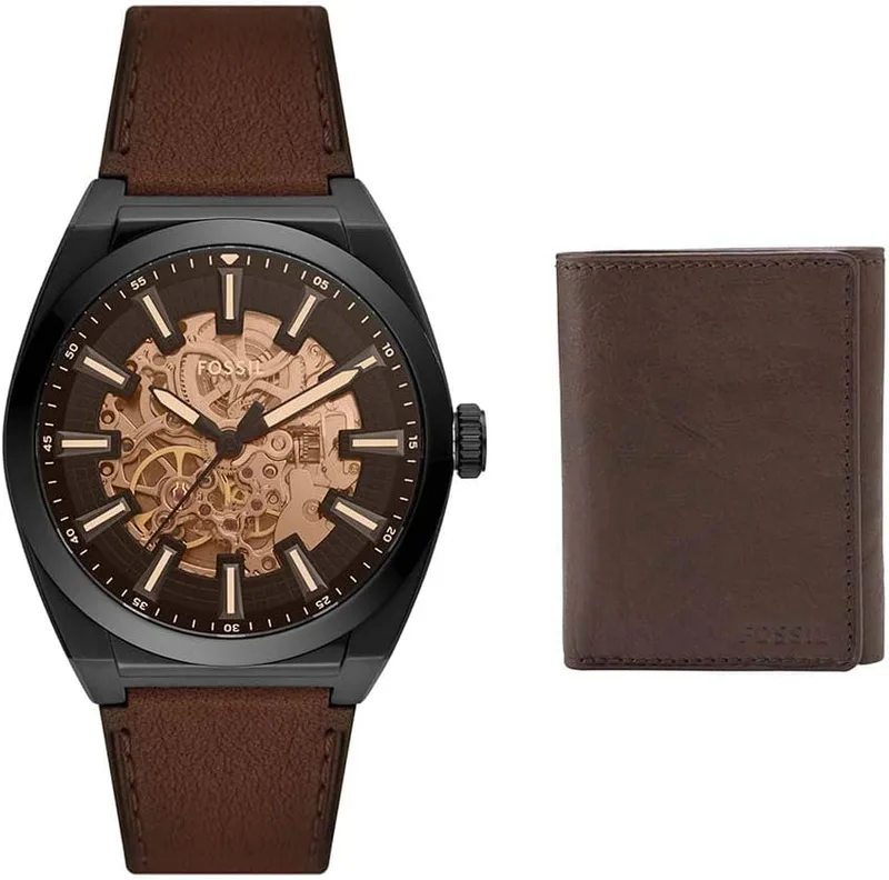 Conjunto de relógio para homem Fossil Heritage em pele castanha e carteira Ingram