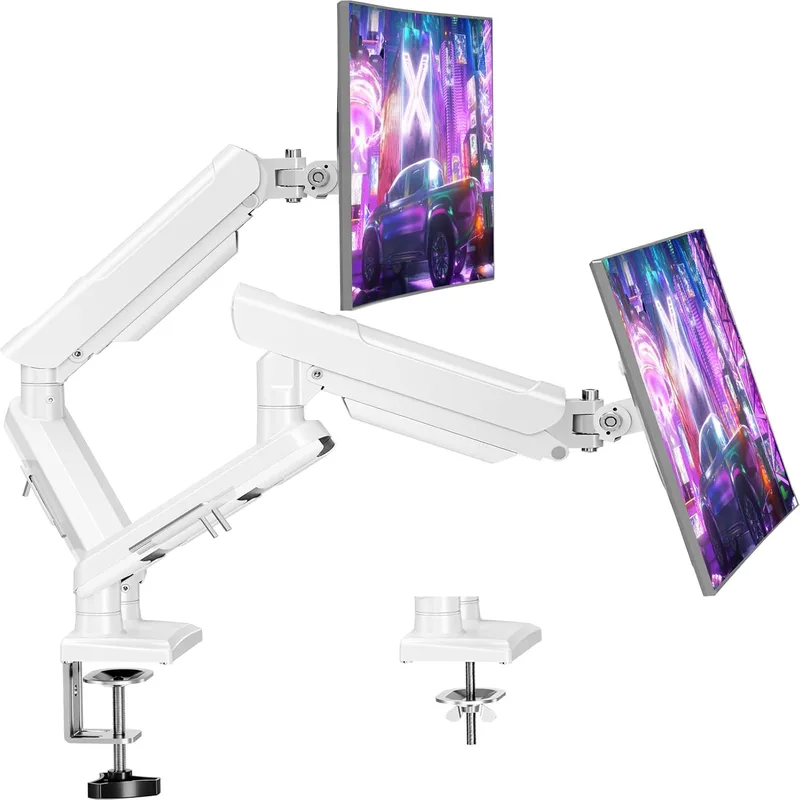 ELIVED ▫️ EV6012W - Suporte para 2 monitores com ecrãs de 13 a 32 polegadas, suporte para 2 monitores de 2 a 9 kg com VESA 75/100 mm, braço pneumático com inclinação e rotação, cor branca