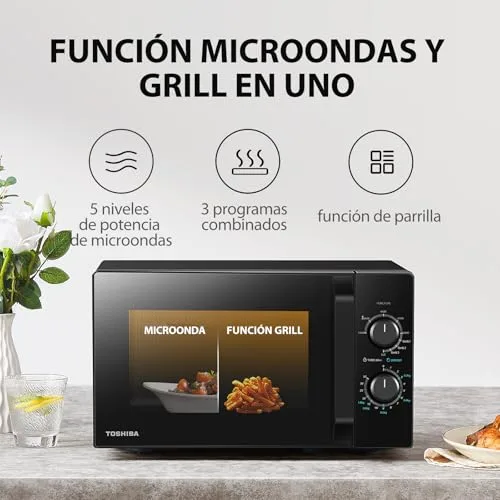 Toshiba ▫️ MW2-MG20P(BK) Micro-ondas de 20 L, potência de 700 W/1000 W, com grelhador «crispy grill» e função de cozedura combinada, 9 níveis de potência, 3