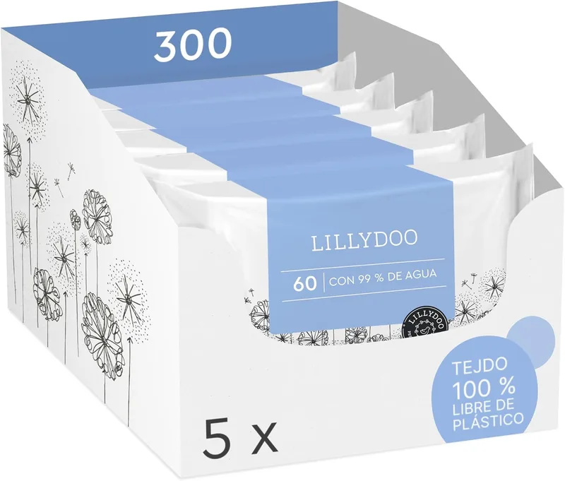 LILLYDOO ▫️ Toalhitas húmidas para bebés com 99% de água, 5 embalagens de 60 (300 unidades), 100% sem plástico, sem perfumes e tão suaves como o algodão e a água