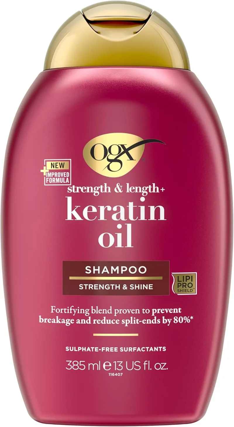 OGX ▫️ Champô Óleo de Queratina, champô fortalecedor anti-quebra com óleo de queratina para cabelos danificados com quebra e pontas espigadas, 385 ml